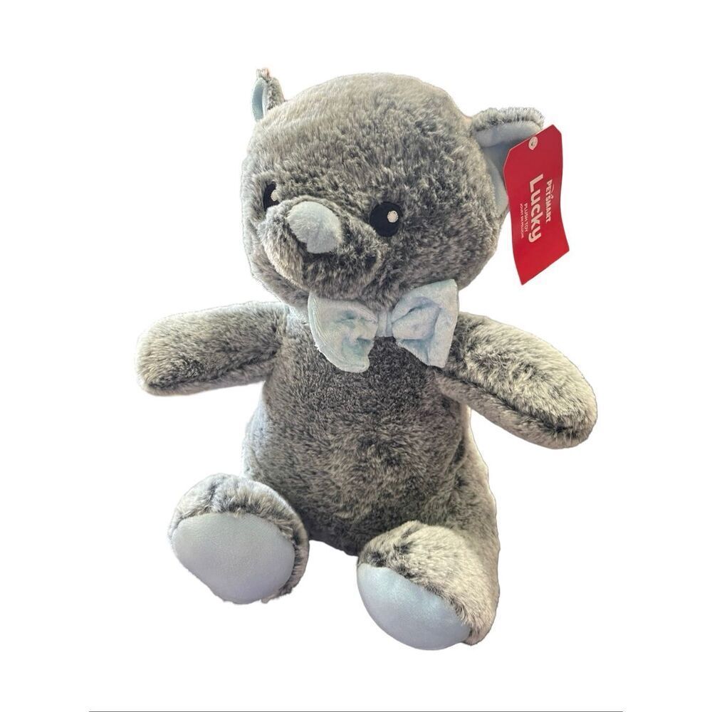 NWT PetSmart Gray Blue Lucky the Cat Plush Dog Toy Squeaker Stuffed Animals